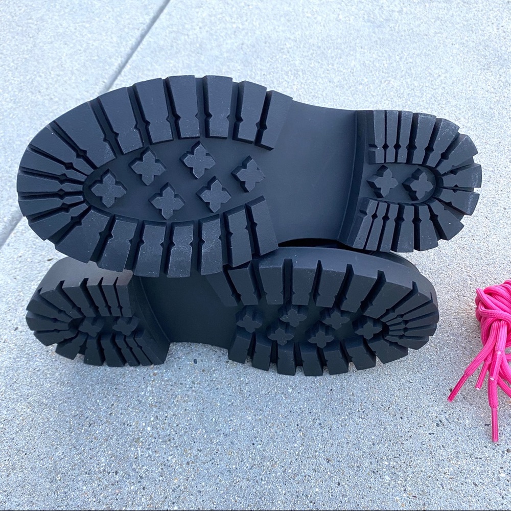 AQUA Combat Boots Ankle booties Quinn black patent neon pink lace up Moto combat - Picture 10 of 12